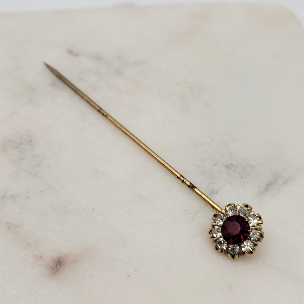 🌸 Vintage Mid Century Hatpin Gold Tone Red Rhinestone Flower Cluster 1940s 1950